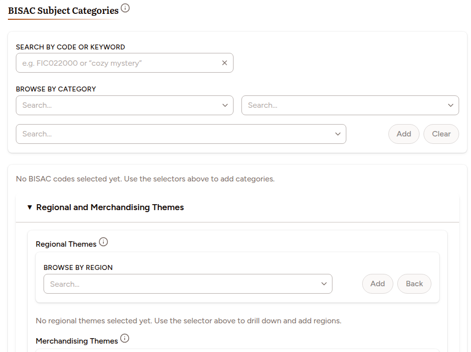 The BISAC Subject Categories section with the Regional and Merchandising Themes accordion open, showing the nested Regional Themes and Merchandising Themes pickers